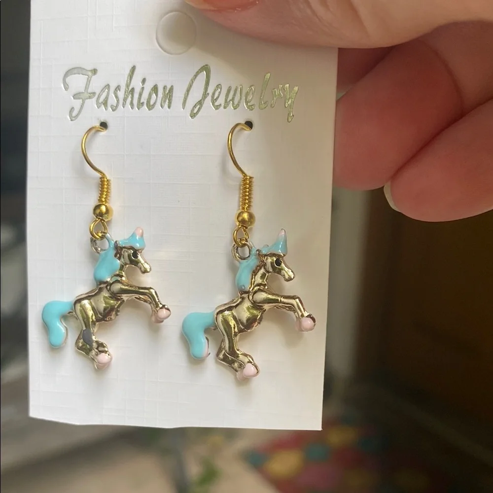 Gold and Blue Unicorn Earrings for Kids